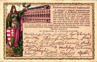 A Hangya Szövetkezet igazgatóságának és felügyelőbizottságának üdvözlete a szövetkezeti tagok számára / Greeting card from the directorate and the supervisory board of the Hangya Cooperative to its members, woman with coat of arms and laurel wreath, golden decorated, litho (EK)