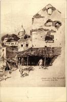 4 db I. világháborús grafikai motívum képeslap a frontéletről, a m. kir. 10. honvéd gyalogezred az ö...