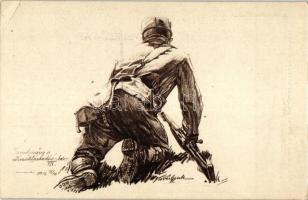 4 db I. világháborús grafikai motívum képeslap a frontéletről, a m. kir. 10. honvéd gyalogezred az ö...