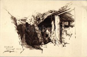 4 db I. világháborús grafikai motívum képeslap a frontéletről, a m. kir. 10. honvéd gyalogezred az ö...