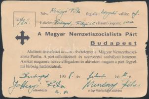 1938 Kitöltött felvételkérelmező lap a Magyar Nemzetiszocialista Pártba