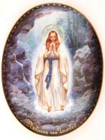 A Lourdes-i Madonnát ábrázoló porcelán tál, sorszámozott, matricás, hibátlan, jelzett, 22x17 cm
