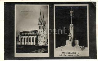 1951 Ditró, Ditrau; Római Katolikus templom, Országzászló és Hősök emlékműve / church, National Flag, WWI memorial, photo (EK)