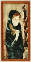 Saly Németh László (1920-2001): Kendős lány, olaj, farost, fa keretben, 47,5×21,5 cm