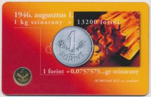 1946. 1Ft Au Mini veret (0.5g/0.999) díszcsomagolásban tanúsítvánnyal T:BU kis fo. Hungary 1946. 1 Forint Au (0.5g/0.999) in plastic card with certificate C:BU small spots