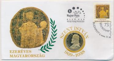 2000. 73. Bélyegnap - Szent István aranyozott alpakka emlékérem sorszámozott első napi bélyegzős bélyeges borítékban T:PP