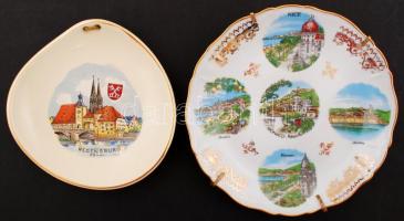 2 db városképes(Nizza, Regensburg) kerámia és porcelán fali tányér, hibátlanok, jelzettek, d: 18,5 cm, 15x15 cm
