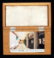 cca 1890 Zsolnay csempe a kisföldalattiról, fa dobozban, fotóval, feliratozva, 7,5x15 cm
