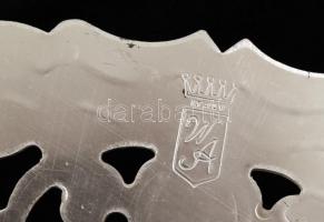 Díszes, ezüstözött fém lábosalátét, monogrammal, jelzett, d: 19 cm