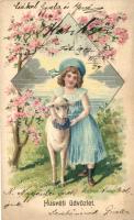 Easter, girl with lamb, floral, Emb. litho (wet corner