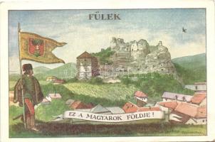 Fülek, Filakovo; vár, férfi kezében zászlóval, &#039;Ez a magyarok földje!&#039; / castle, man holding a flag with coat of arms, Hungarian irredenta, s: Biczó András