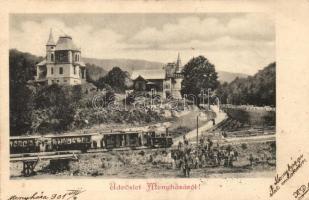 Menyháza, Moneasa; Zubor villa, vasút, vasúti híd, csoportkép / villa, railway and railway bridge, group picture (EK)