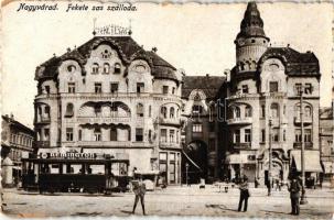 Nagyvárad, Oradea; Fekete Sas szálloda, villamos Remington írógép reklámmal, Vigadó Mozgó / hotel, tram with Remington typewriter advertisment, cinema (kis szakadás / small tear)