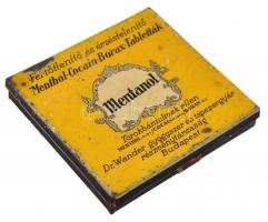 Régi Mentanol gyógyszeres doboz, fém, kopott, 6×6 cm