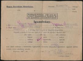 1946 Katonai iratok: A Budapesti 13. Honvéd Kiegészítő Parancsnokság által kiállított leszerelési je...