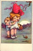 Italian art postcard, children, Anna & Gasparini 1850-2., artist signed