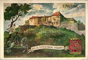 Ungvár, Uzshorod; vár, férfi lovon, kezében kuruc lovassági zászlóval, &#039;Ez a magyarok földje!&#039; / castle, man on horse, holding kuruc cavalary flag, Hungarian irredenta, s: Biczó András (EK)