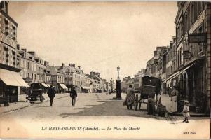 La Haye-du-Puits, La Place du Marché / market square, shop of Faudemer, Hotel Champagne Robert