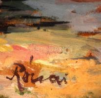 Rónai jelzéssel: Tehenek a parton. Olaj, karton, üvegezett keretben, 35×43 cm