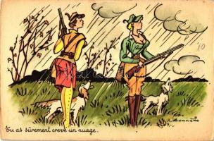 Tu as surement crevé un nuage. / youve probably popped a cloud, huntresses with hunting dogs in rainfall, humour, s: L. Bonnotte (EK)