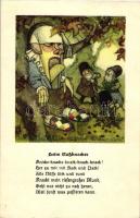 'Beim Nussknacker' / Dwarves feeding nuts to a giant nutcracker, with German rhyme