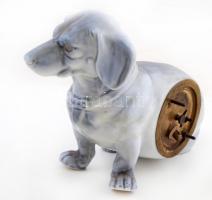 Porcelán kutya benne órával (nem működik), hiányos, kézzel festett, jelzés nélkül, kopásnyomokkal, m...