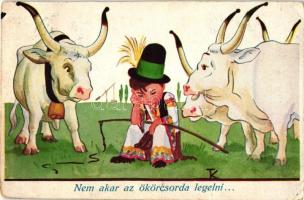 'Nem akar az ökörcsorda legelni...' / child with oxen, humour, Hungarian folklore, s: T.K. (Rb)