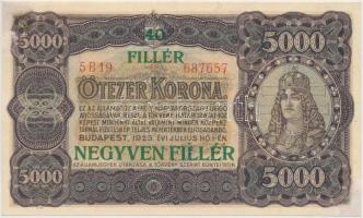 1923. 5000K T.W. jelöléssel, nyomdahely jelölés nélkül &quot;40 FILLÉR NEGYVEN FILLÉR&quot; felülbélyegzéssel T:hajtatlan, két sarkán restaurált Hungary 1923. 5000 Korona &quot;T.W.&quot; with &quot;40 FILLÉR NEGYVEN FILLÉR&quot; overprint C:unfolded, two corners are restored Adamo K39B