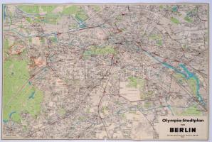 1936 Olympia-Stadtplan von Berlin, a berlini olimpia térképe, várostérkép, ill. hátoldalán az egyes helyszínek térképével ill. alaprajzával, Reichsportsverlag Berlin, a hajtások mentén kis szakadásokkal, 79,5×59 cm