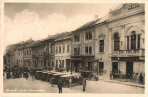 Rimaszombat, Rimavska Sobota; tér, Tátra szálloda, Klein és J. Havas üzlete / square, hotel shops, automobiles &#039;vissza&#039; So. Stpl (kis szakadás / small tear)