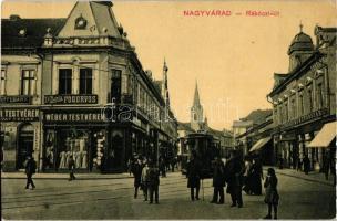 Nagyvárad, Oradea; Rákóczi út, Wéber testvérek áruháza, Dr. Barta fogorvos, Nagyváradi Műbútorgyár, villamos, Hitelbank / street, shops, dentist, furniture factory, tram, bank (EB)