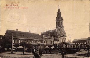 Nagyvárad, Oradea; Szent László tér a holdas templommal, villamos, fodrászat, Dr. Löwy Mór irodája, raktár, kávéház / square, church, tram, barber, lawyer&#039;s office, warehouse, coffe shop (fl)