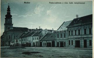 Modor, Modra; Posta szálloda, Római katolikus templom, S.P. Levius és Wantsek üzlete, kiadja Laczkovich Róbert / Post hotel, Roman catholic church, shops (vágott / cut)