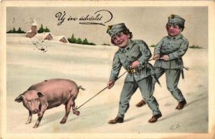 Újévi üdvözlet / New Year, pig on leash, soldier boys, H.H.i.W. serie 1550, s: E.O.