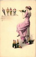 Újévi üdvözlet / New Year, lady shooting mens heart with a bottle of champagne, M. Munk No. 792, s: Kudera (EK)