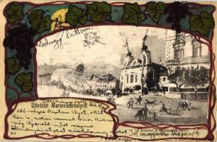 Marosvásárhely, Targu Mures; Széchenyi tér, templom, részeg férfiak, szőlőlevél / square, church, drunk men, drunk vision montage, grapes, Art Nouveau, litho (EK)