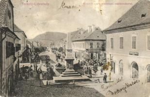 Székelyudvarhely, Odorheiu Secuiesc; Kossuth utca, Milleniumi emlékszobor, Lámpa és Üvegtábla nagyraktár, Kereskedő-Ifjúsági üzlet / street, monument, shops (EK)