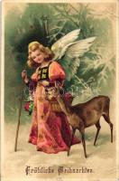 Fröhliche Weihnachten / angel with deer, litho, Emb. (r)