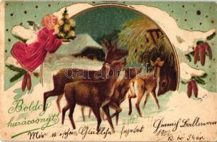 'Boldog karácsonyt!' / angel with deer, golden decorated, litho, Emb. (Rb)