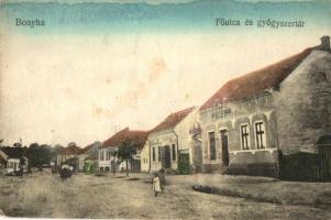 Bonyha, Bahnea; Fő utca, gyógyszertár, Baja János vegyeskereskedése / main street, pharmacy, shop