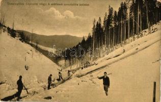 Tiszabogdány, Bohdan; Lipoveczi völgy, a szálfának csusztatóba indítása / valley, woodcutters, sliding tree (EB)