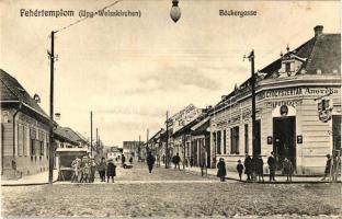 Fehértemplom, Bela Crkva; Backergasse, gyógyszertár, Kught Hugó műszerész üzlete / pharmacy, shop