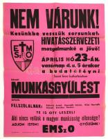 cca 1930-1940 EMSzO (Egyházközségi Munkásszakosztályok) munkásgyűlésre felhívó nagyméretű plakátja, hajtott, 63x48 cm