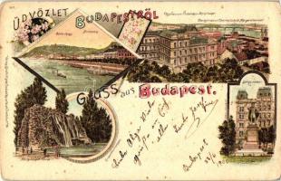 Budapest, Gellért hegy, Főgimnázium, Főreáliskola, Margit sziget, Eötvös szobor; Kunstanstallt Rosenblatt, floral, litho (EK)