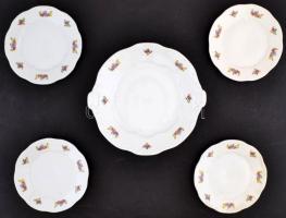 Virágmintás Zsolnay süteményes készlet: 1 db kínáló tányér, d: 25,5 cm + 4 db kistányér, d: 17 cm, matricásak, jelzettek, apró kopásnyomokkal