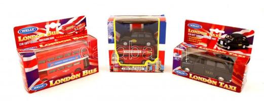 Welly London busz és taxi, eredeti dobozában, h:15 és 16 cm, Henbrandt London busz és taxi, 13×12 cm