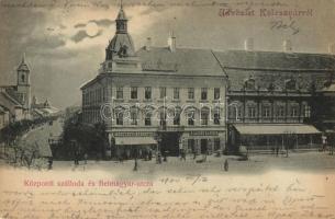 Kolozsvár, Főtér, Központi szálloda, Belmagyar utca, Medgyesy és Nyegrutz, Biasini Sándor üzletei / main square, shops, hotel