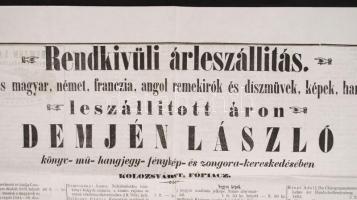 1866 Kolozsvár, Demjén László könyvkereskedésének árjegyzéke. 65x45 cm