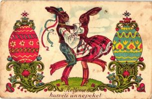 'Kellemes húsvéti ünnepeket' / Easter, dancing rabbits in traditional dress, Hungarian folklore (Rb)