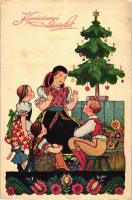 Karácsonyi üdvözlet / Christmas, mother and children in traditional dress, folklore, s: Szilágyi G. Ilona (cut)